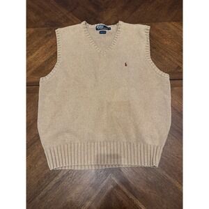 Polo Ralph Lauren Mens XL Tan Beige V-Neck Cotton Knit Sweater Vest Red Pony